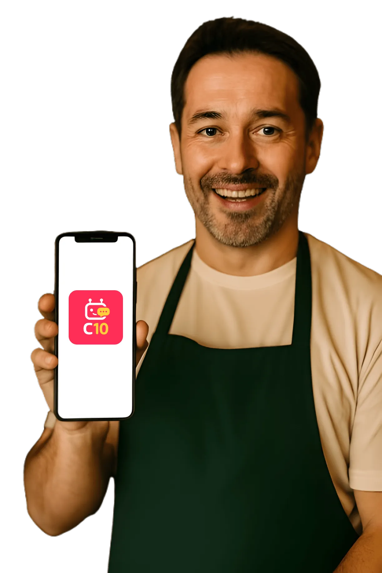 homem mostrando o celular com a logo do C10